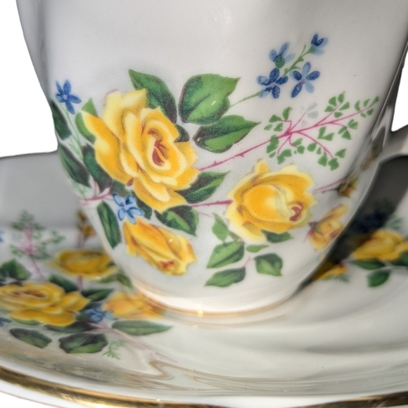 Rosina| England Bone China Yellow Golden Floral Fancy White Tea Cup with Saucer - Picture 3 of 10